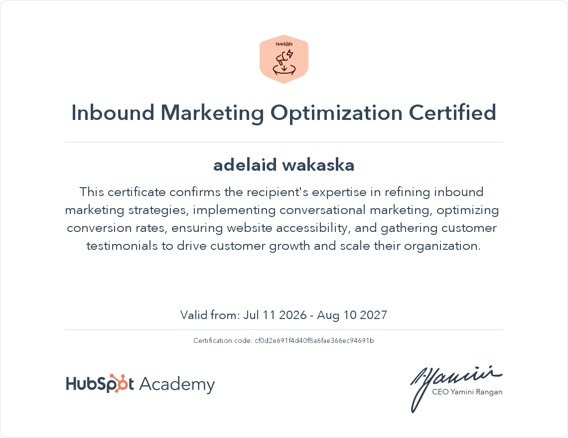 Inbound Marketing Optimization Certified - Adelaid Wakaska